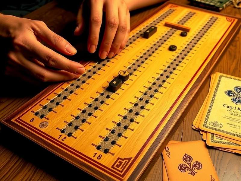 Cribbage board with pegs and cards