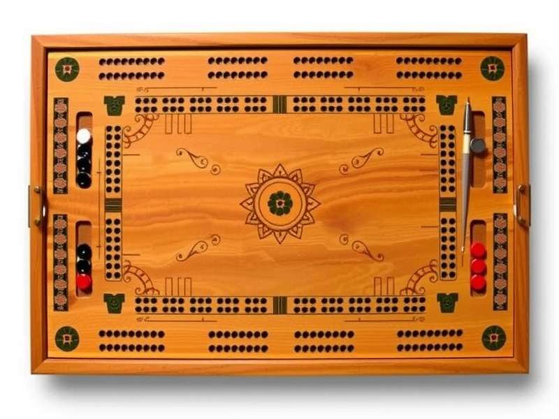 Cribbage बोर्ड और कार्ड्स की तस्वीर, स्कोरिंग चार्ट दिखाते हुए