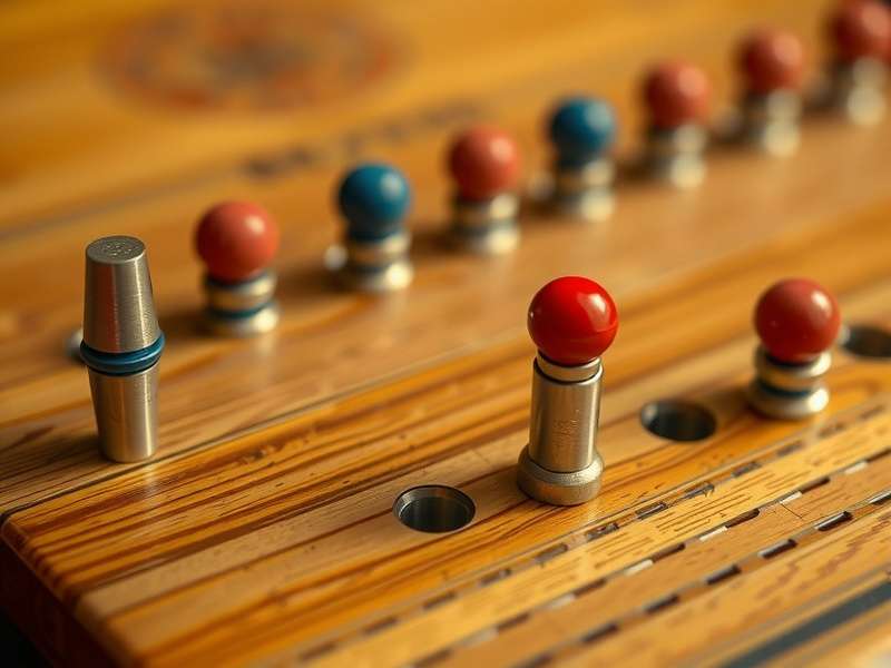 A collection of high-quality metal cribbage pegs arranged on a wooden board