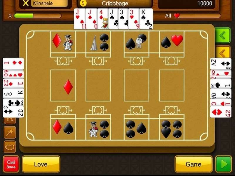 A vibrant digital screenshot of Free Online Cribbage Classic game interface showing cards and pegs