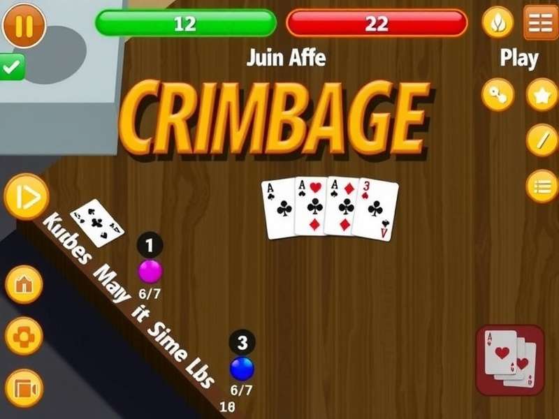 A detailed wooden Cribbage board with pegs and cards, showcasing online gameplay strategy