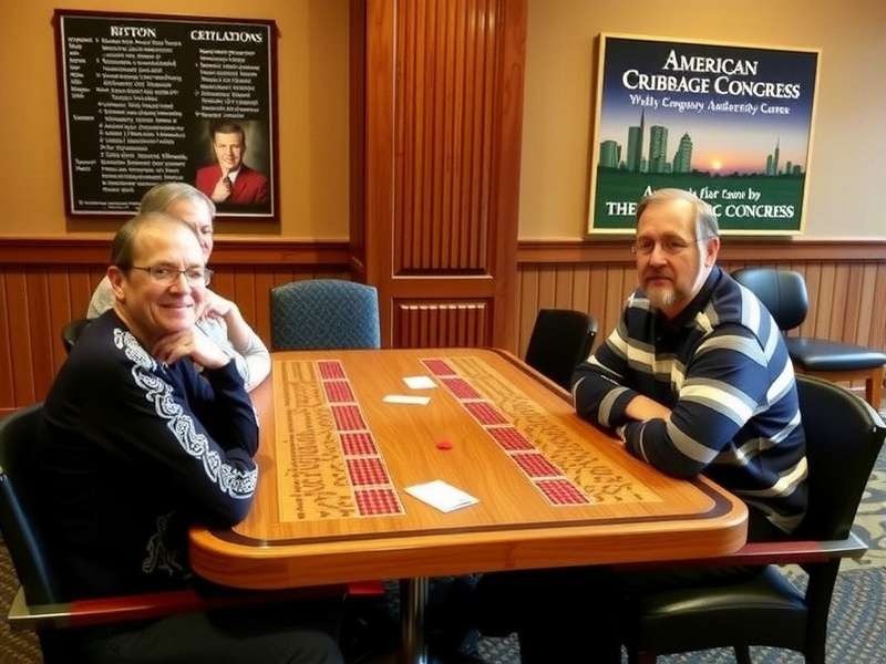 American Cribbage Congress tournament hall filled with players concentrating on their cribbage boards