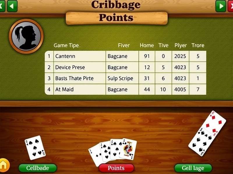 Cribbage scoring board with pegs and cards illustrating points system