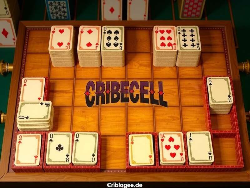 Cribbage Freecell board setup with pegs, cards, and score tracks in an Indian gaming setting