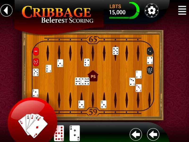 Cribbage board with pegs and playing cards arranged for scoring practice